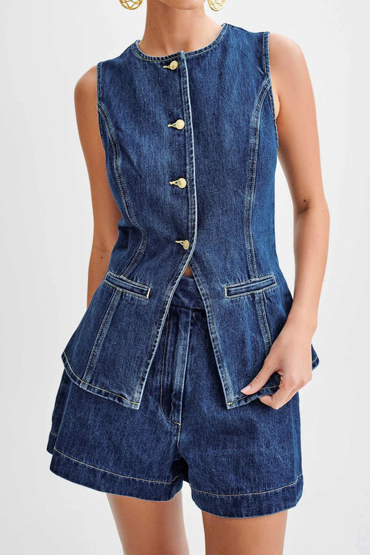 Denim Button-Up Vest & Shorts Set