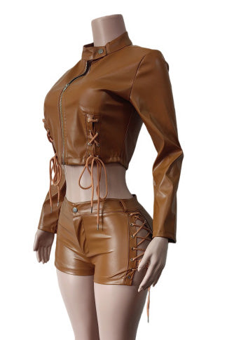 Lace-Up Faux Leather Jacket & Shorts Set