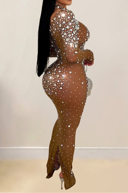 Mesh Rhinestone Long Sleeve Maxi Dress