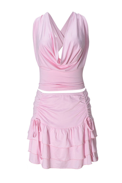 Cowl Neck Halter Ruffle Skirt Set