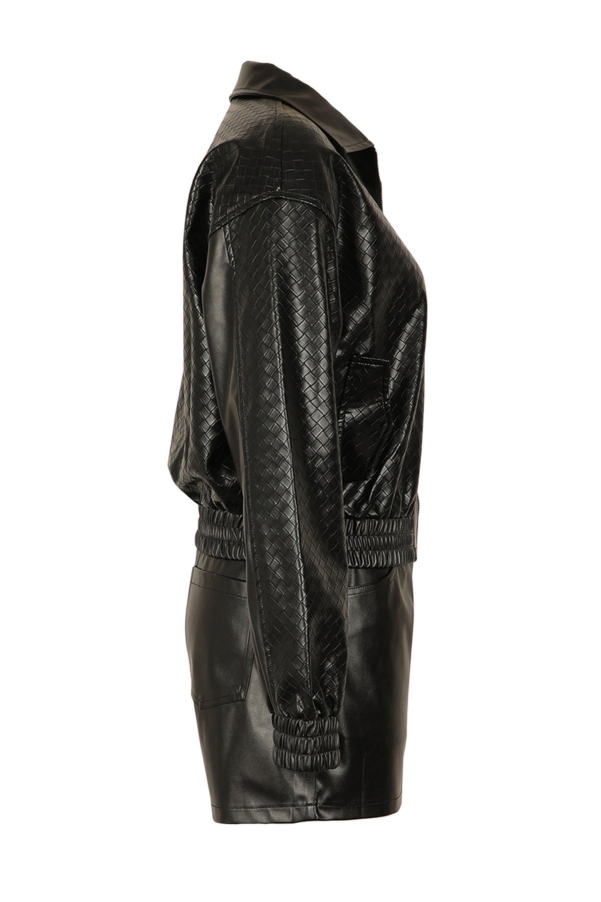 Woven Faux Leather Bomber Shorts Set