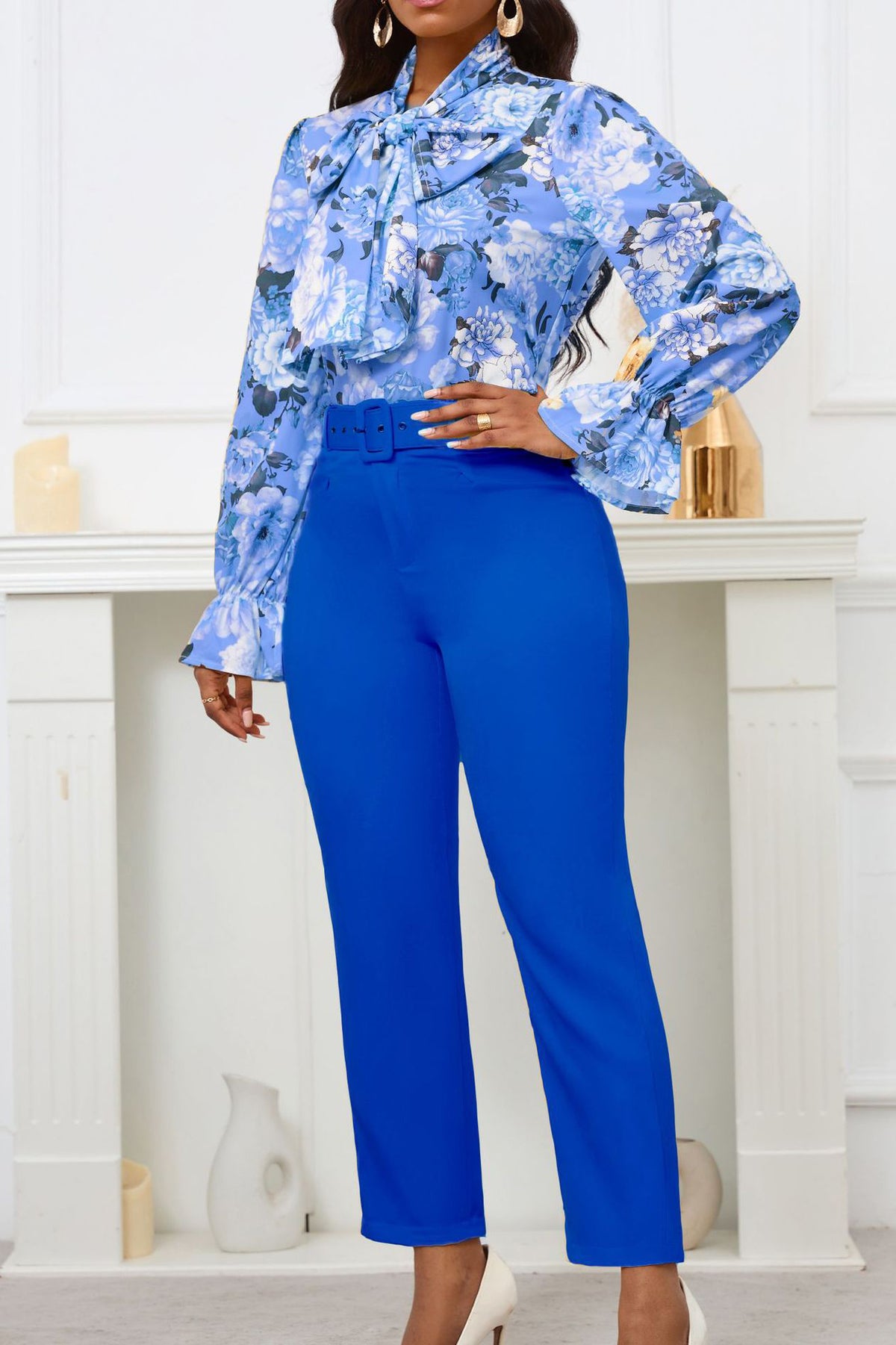 Floral Printing Blouse Solid Color Pants Set