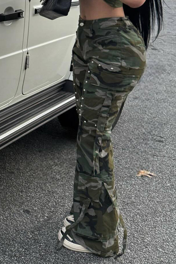 Camouflage Multi-Pocket Button Cargo Pants