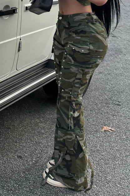 Camouflage Multi-Pocket Button Cargo Pants