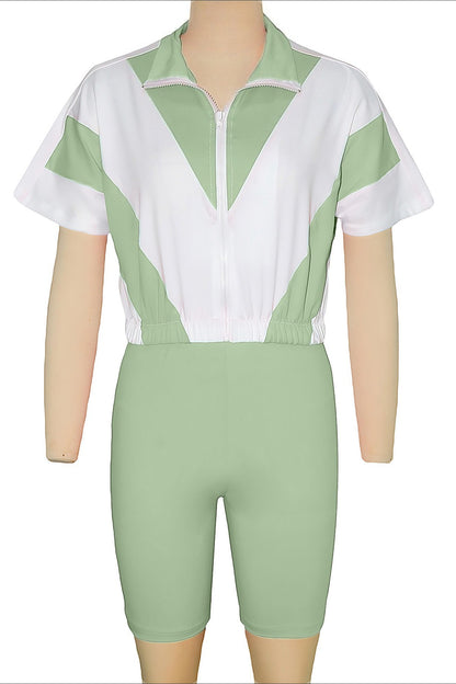 Color-Block Zip Crop Top & Biker Short Set