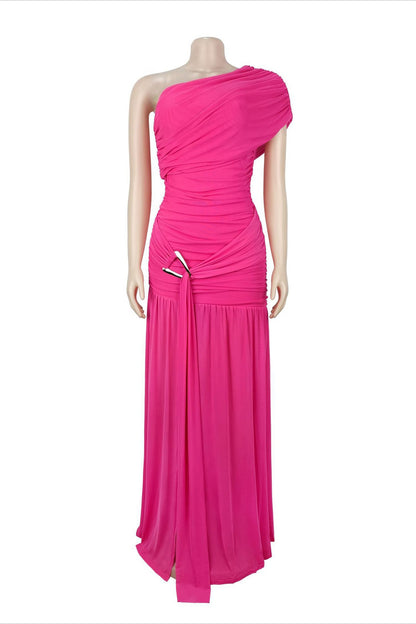 One Shoulder Ruched High Slit Maxi Dress