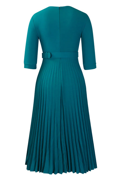 Pleated A-Line Blazer Midi Dress with Belt