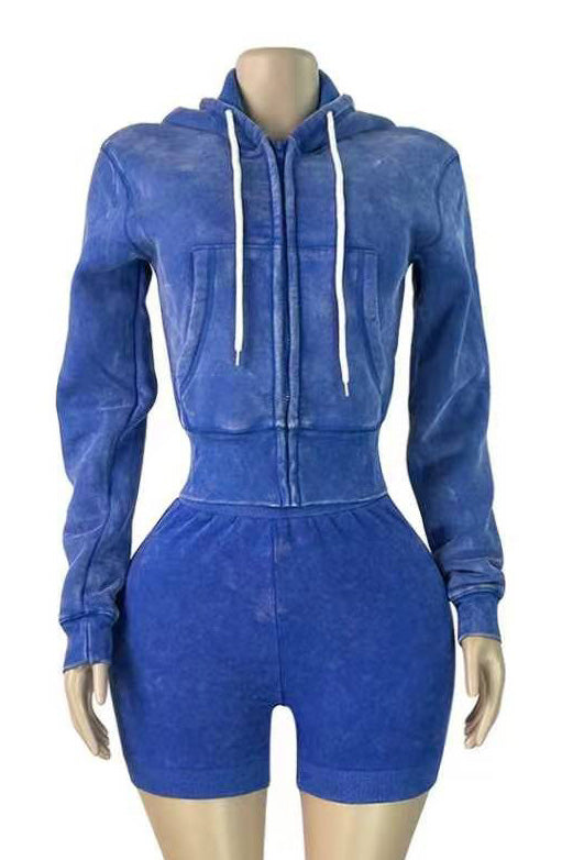 Mineral Wash Zip Hoodie & Shorts Set