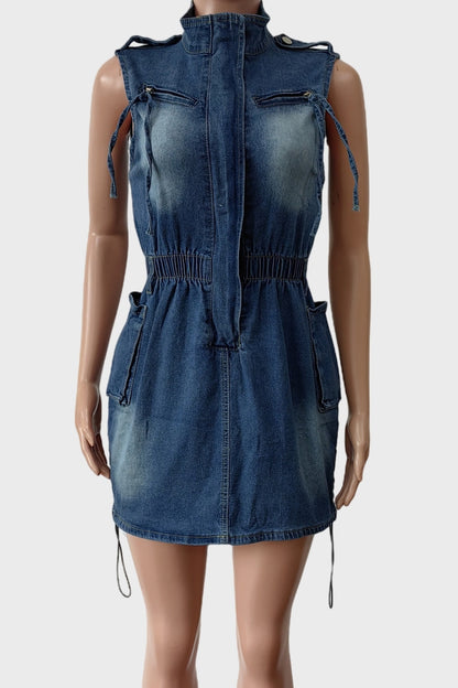 Sleeveless Denim Cargo Pockets Mini Dress