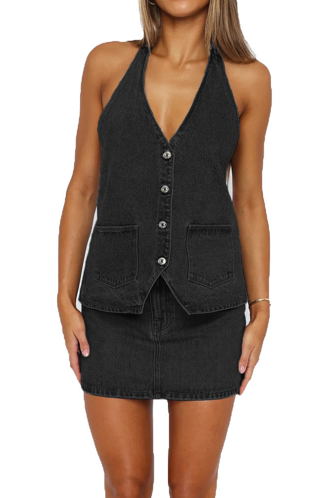 Buttoned Halter Neck Denim Long Top