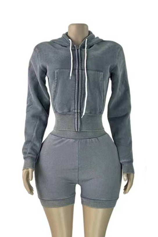 Mineral Wash Zip Hoodie & Shorts Set