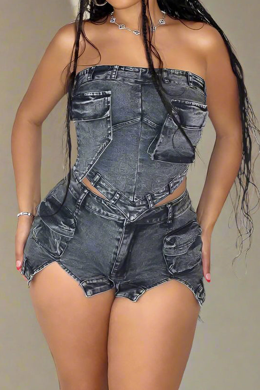 Denim Slit Elastic Shorts Set