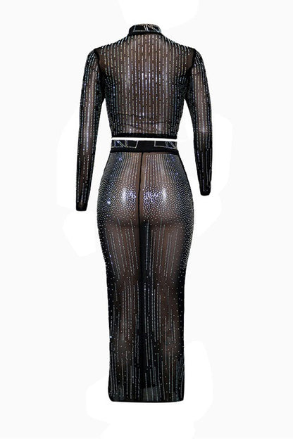 Rhinestone Mesh Illusion Two-Piece Maxi Set