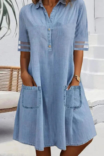 Mesh-Panel Denim Short-Sleeve Maxi Dress