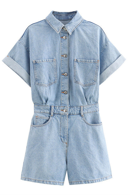 Denim Short Sleeve Romper with Pockets