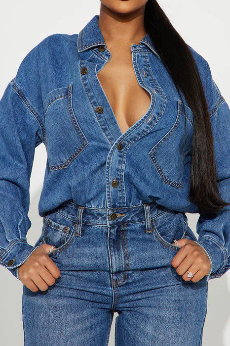 Stretch Long Sleeve Denim Jumpsuit