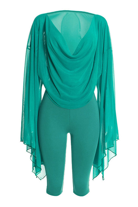 Cowl-Neck Mesh Top & Capri Pants Set