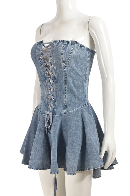 Sweet Denim Corset Flare Mini Dress