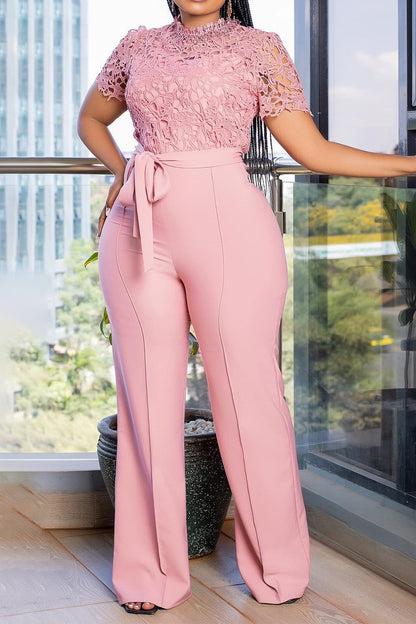 Lace Hollow Out Tie Waist Wide Leg Jumpsuit