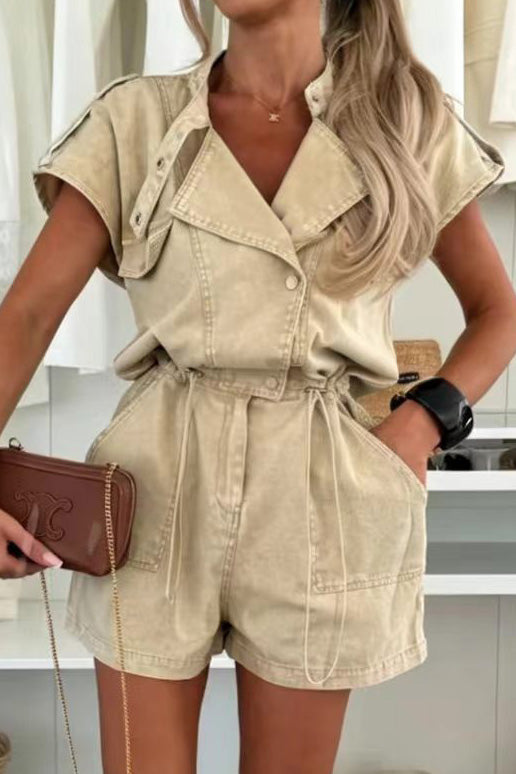 Cap Sleeve Drawstring Denim Utility Romper