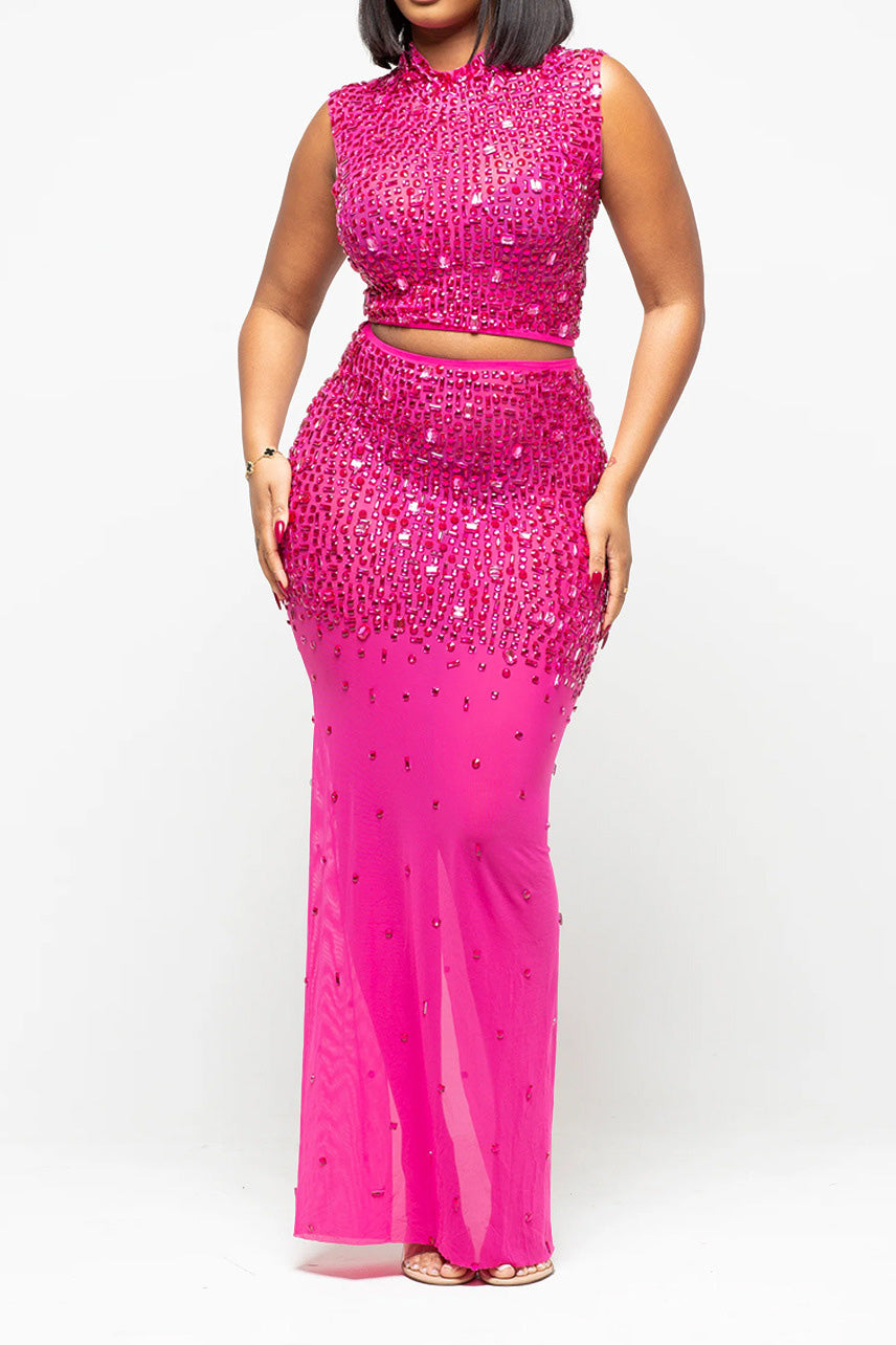 Sheer Rhinestone Mesh Maxi Skirt Set