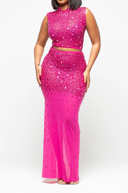Sheer Rhinestone Mesh Maxi Skirt Set