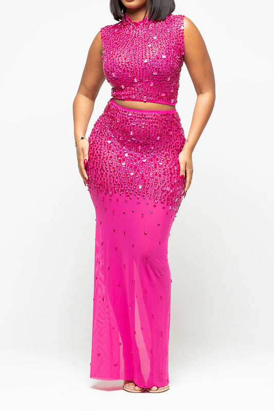Sheer Rhinestone Mesh Maxi Skirt Set