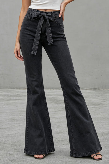 Medium Stretch High Rise Tie Belt Flare Jeans