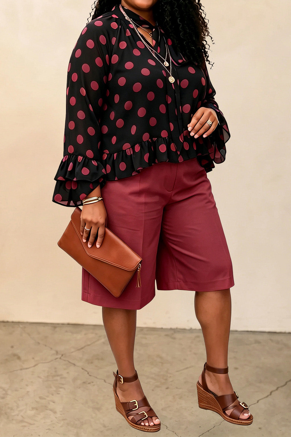 Plus Size Polka Dot Top & Capri Pants Set
