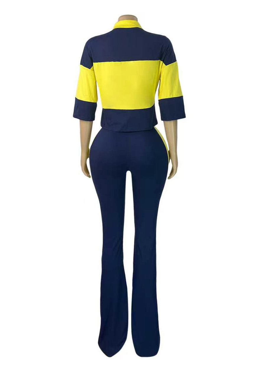 Collared Top & Flare Pants Two-Piece Set