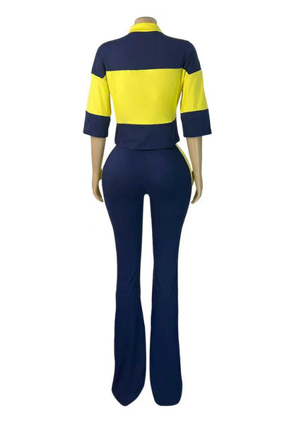 Collared Top & Flare Pants Two-Piece Set