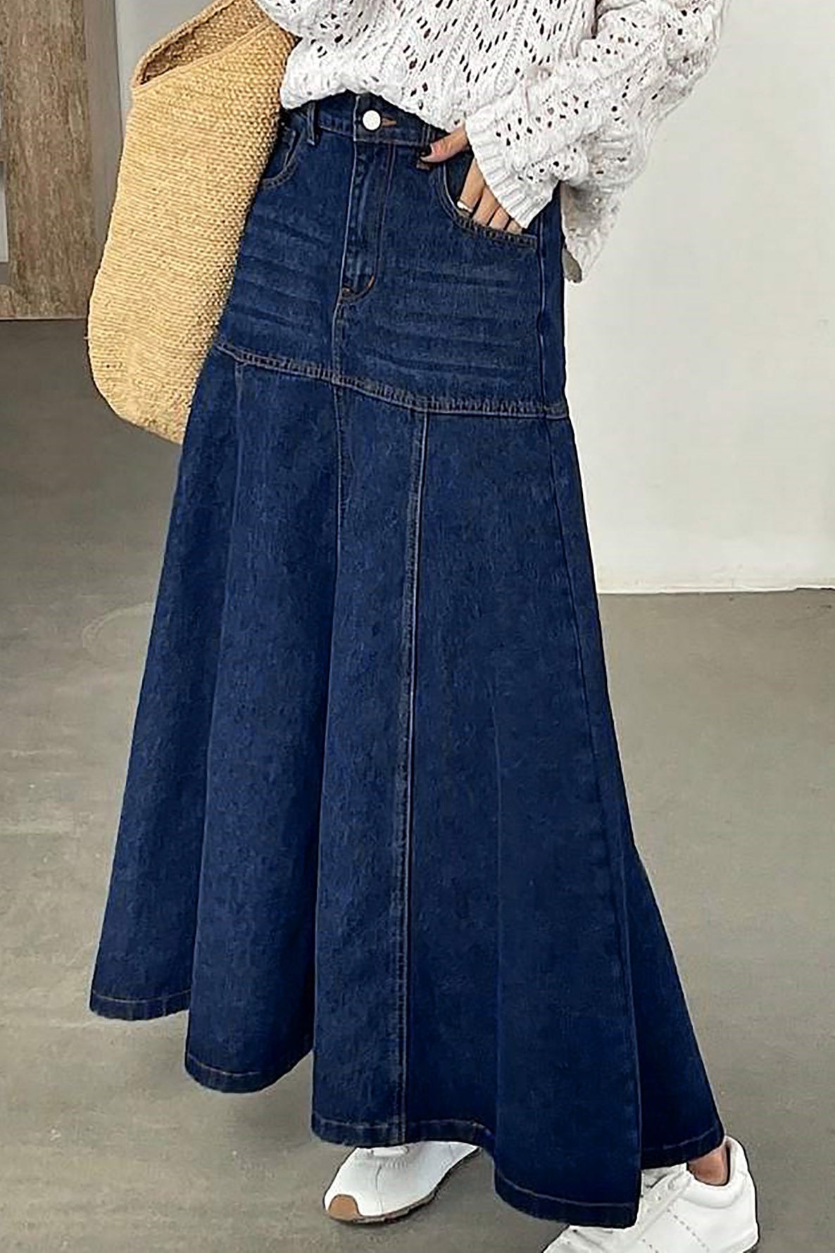 Paneled A-Line Denim Maxi Skirt