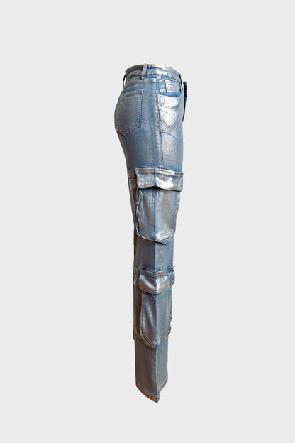 Hot Silver Elastic Cargo Jeans