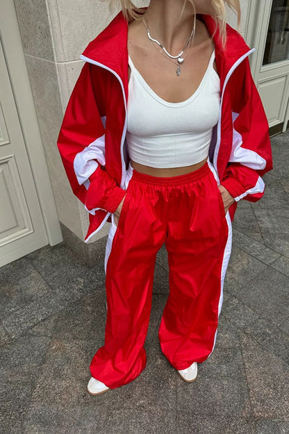 Contrast-Panel Zip Jacket & Wide-Leg Pants Set