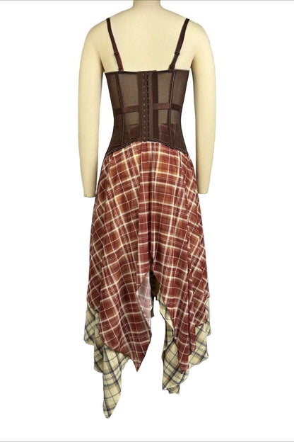 2-Piece Corset & Asymmetrical Plaid Skirt Set