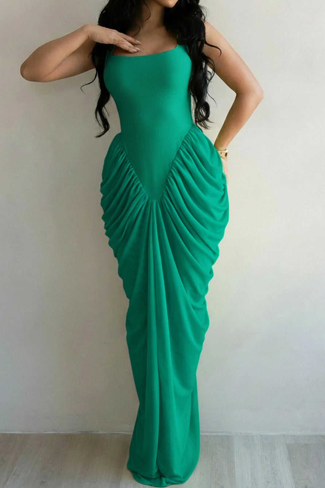 Draped V-Waist Chiffon Maxi Dress