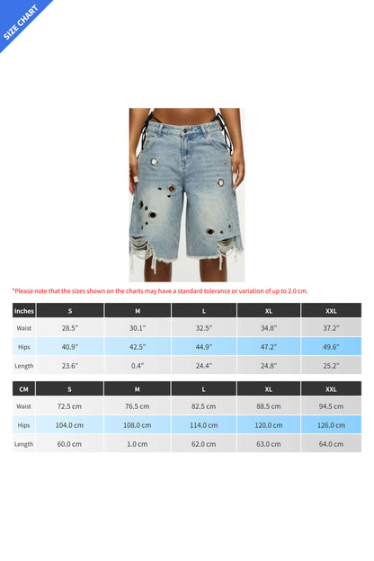 Oversized Grommet Distressed Long Shorts