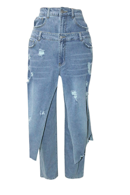 Double-Waistband Asymmetric Distressed Jeans