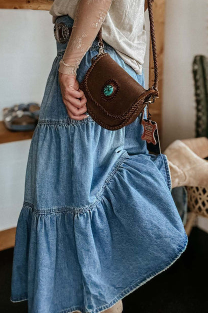 Front Button 3 Tiered Denim Skirt