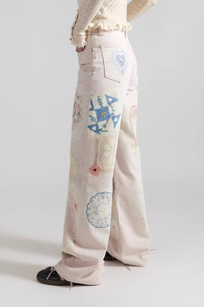 High-Waisted Statement Print Wide Leg Jeans