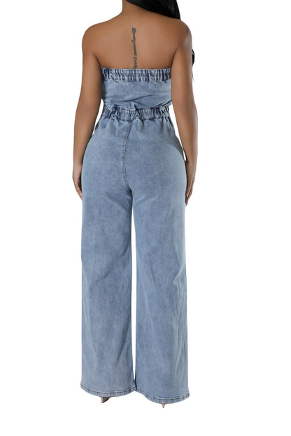 Denim Button Strapless Jumpsuit