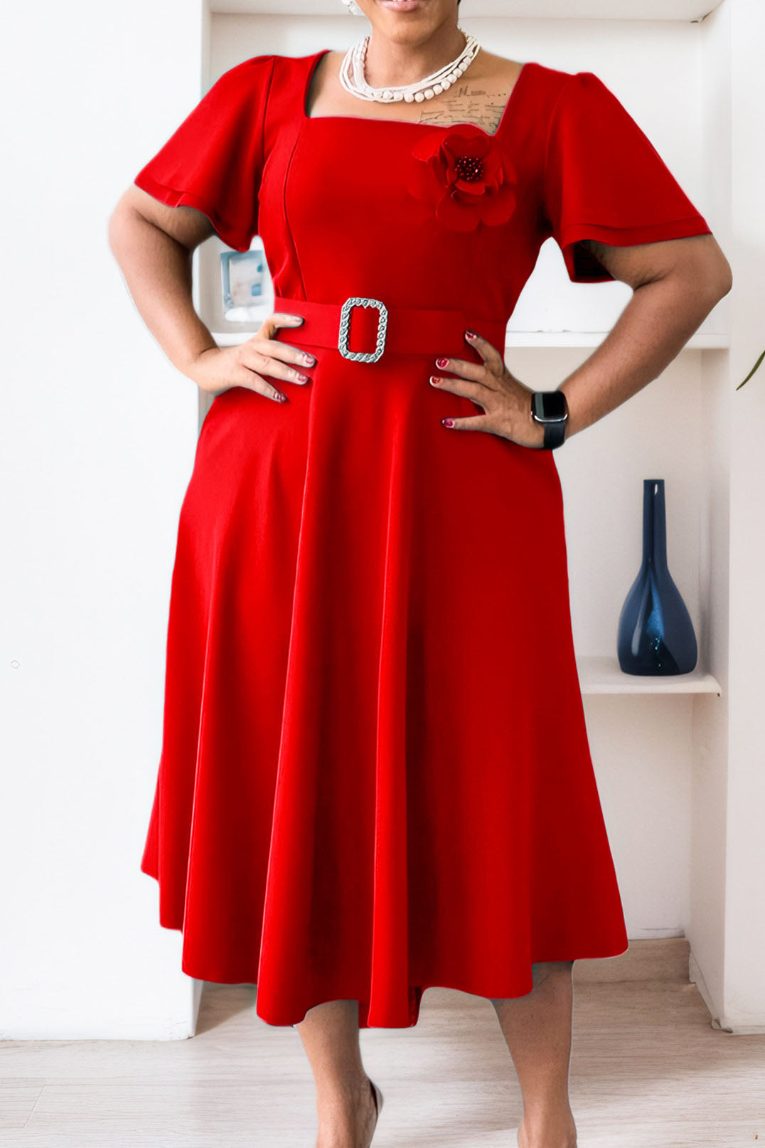 Square Neck High Waist Flared Maxi Dress