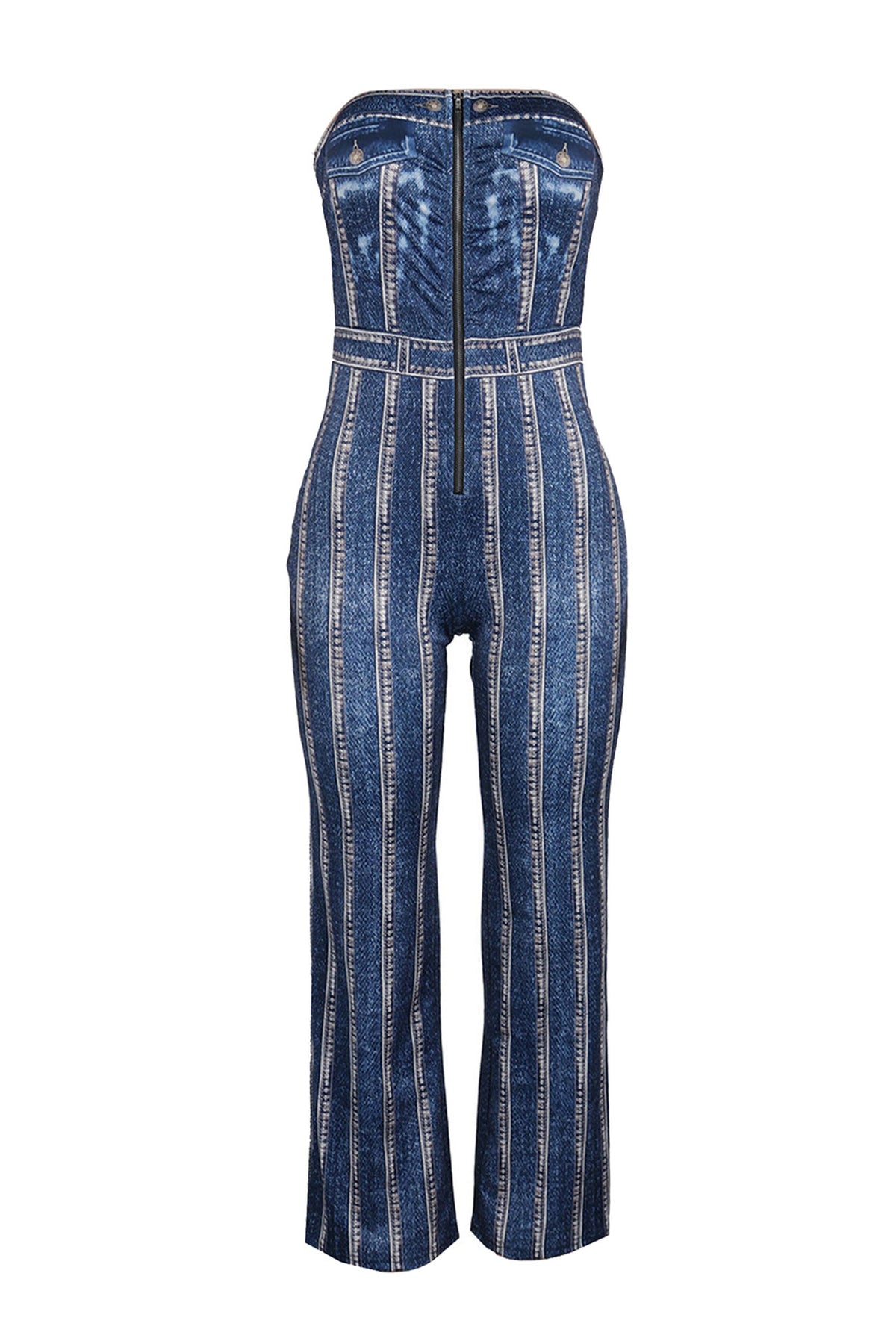 Denim Print Strapless Wide Leg Jumpsuit