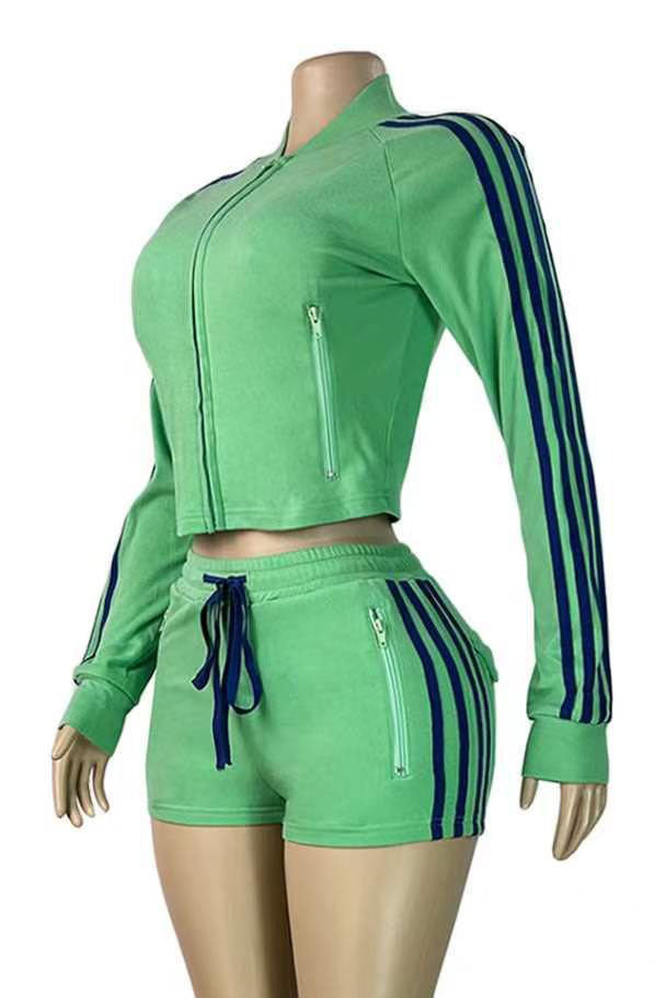 Sporty Striped Zip-Up Shorts Set