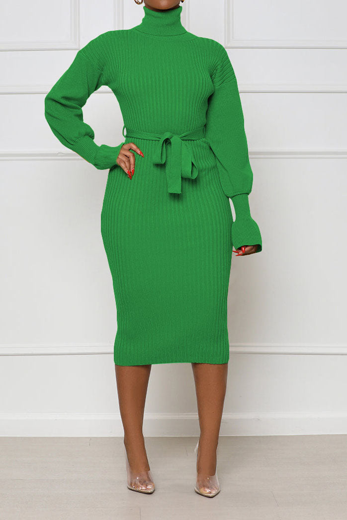 Rib Knit Tie Waist Midi Dress