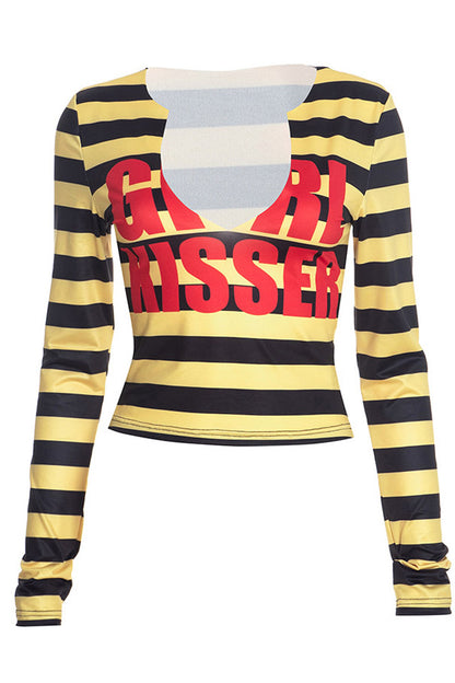 Striped Graphic V-Neck Long-Sleeve Crop Top