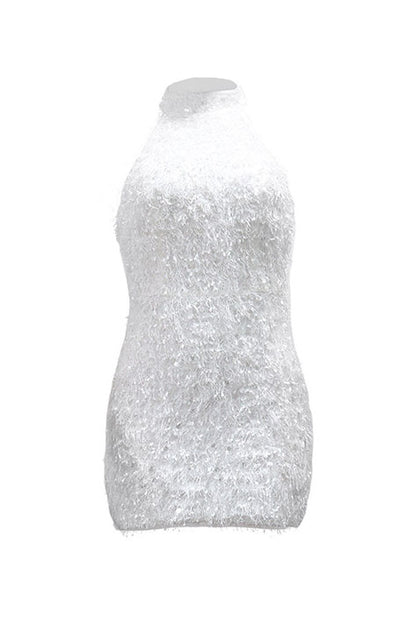 Sequin Embellished Textured Halter Mini Dress