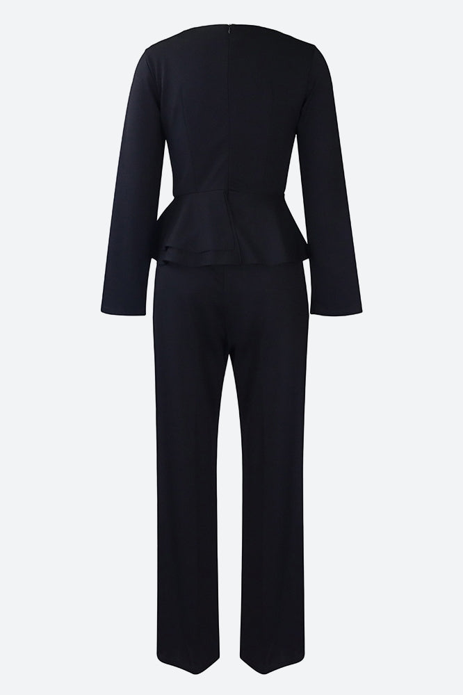 Solid Flounce V Neck Long Sleeve Sets
