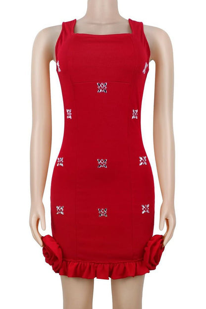 Rhinestone 3D Rosette Hem Mini Dress