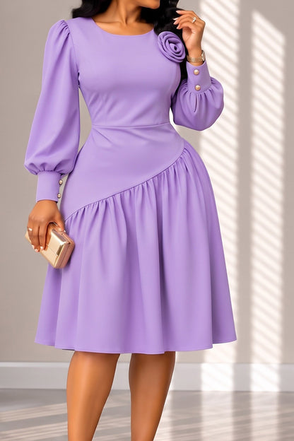 Rosette Balloon-Sleeve A-Line Midi Dress